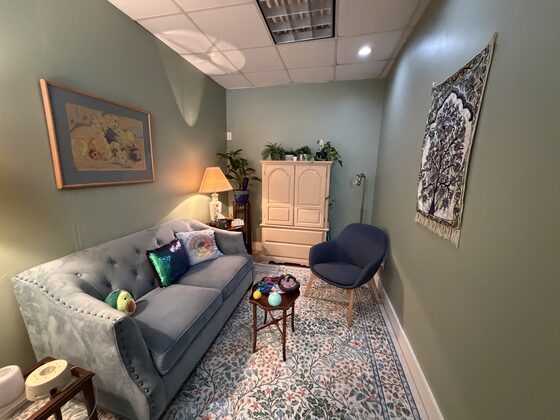 The Rooted Counseling & Wellness therapy office: a blue couch with pillows, an armchair, and a floral rug